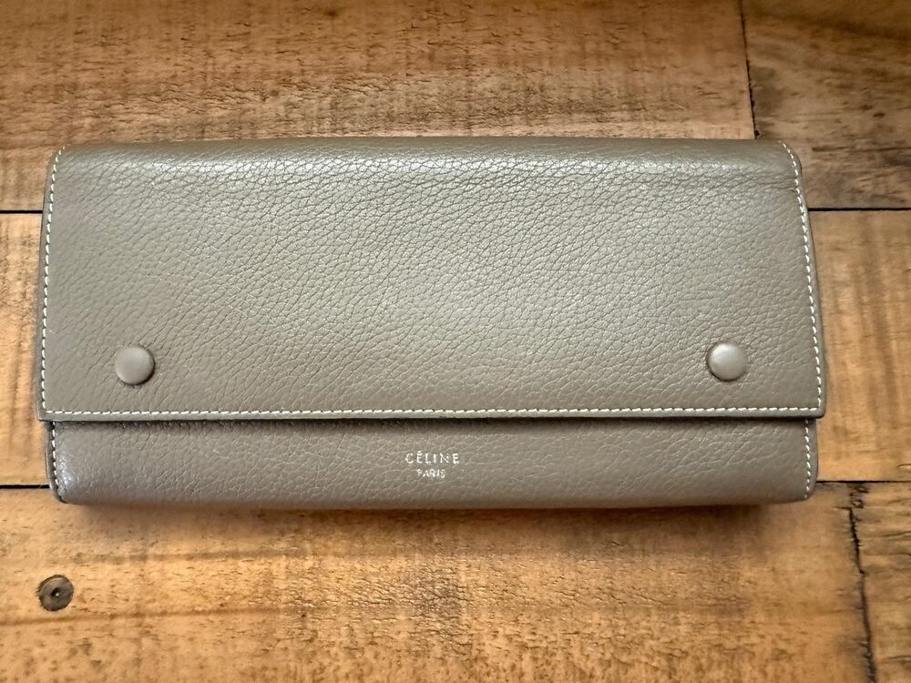 CELINE Paris Wallet Women's Gray Yellow Leather Continental Bicolor With COA